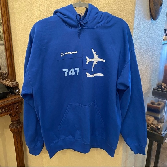NWT~BOEING 747 Graphic Blue Fleece Lined Hoodie Sweatshirt Size Large-Unisex - Picture 1 of 7